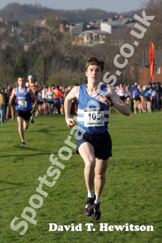 Ross Floyd (Morpeth Harriers) in first place, 2013 Durham Cathedral Relays senior mens race.